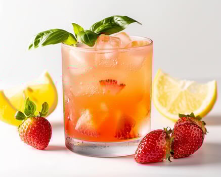 A Strawberry Lemonade Cocktail with Lemon Slices and Strawberries photo