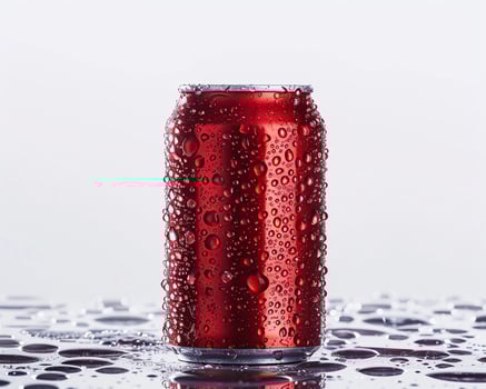 A Red Can of Soda on a Table with Water Droplets photo