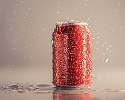 a red soda can with water droplets on it photo