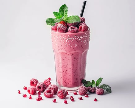a smoothie with raspberries and mint leaves photo
