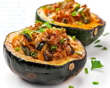 Two stuffed acorn squash halves with meat and vegetables photo