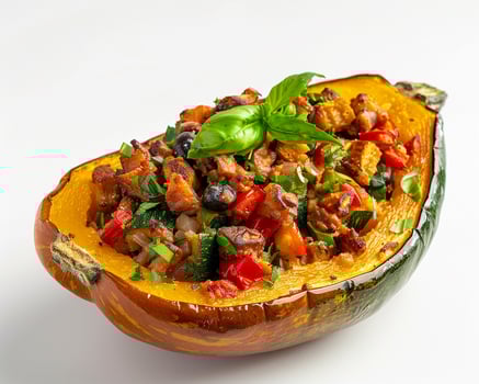 A stuffed squash with vegetables on top photo