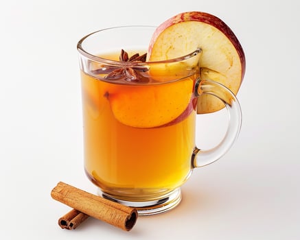 a glass of hot apple cider with cinnamon and an apple photo