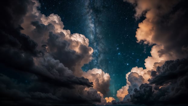 A night time sky with stars and the milky way behind some dramatic clouds. photo