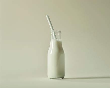a glass bottle with milk and a straw photo