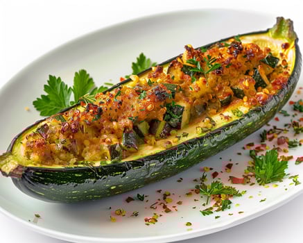 A stuffed zucchini on a plate with parsley photo