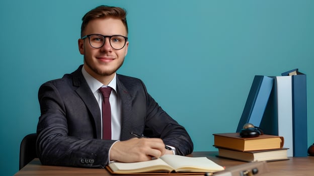 Happy Young Attorney Exuding Professional Success in Vibrant Office photo