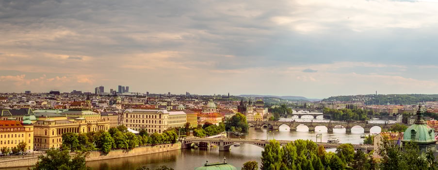 view of the old city of Prague with the Vltava River, bridges and towers, Prague, Czech republic photo