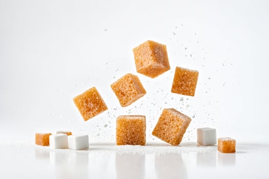 Brown and White Sugar Cubes Falling with Sugar Dust photo