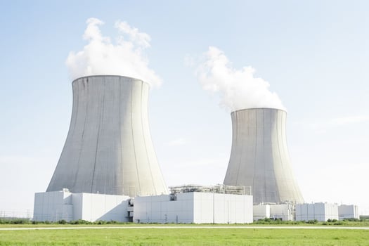 Nuclear power plant cooling towers with steam photo