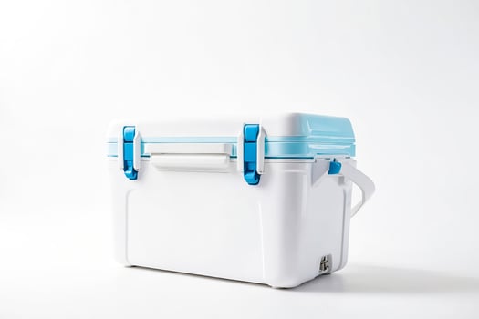 White and Blue Cooler Box on White Background photo