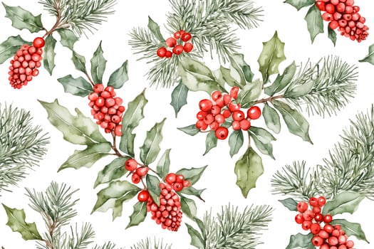 Watercolor Christmas Holly and Pine Seamless Pattern photo