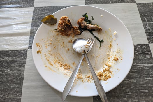 a dirty plate on a restaurant table after a customer eats food from a restaurant. photo