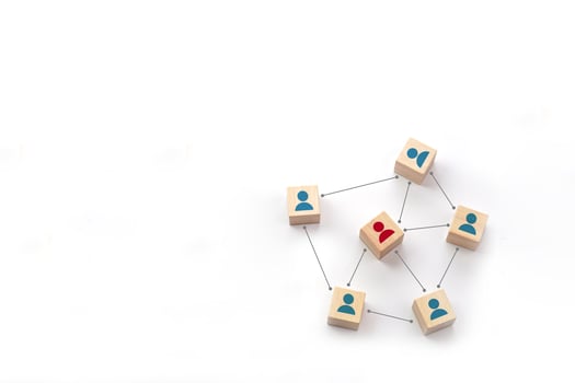 People icon on wooden block with connection line symbol. Leadership, coordination, teamwork, social connections and communication network. photo