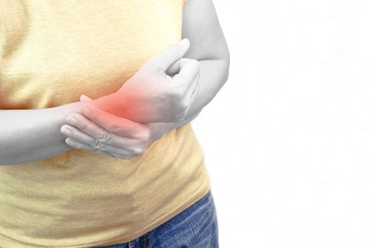 Woman with pain in wrist on white background. Healthcare and office syndrome concept. photo