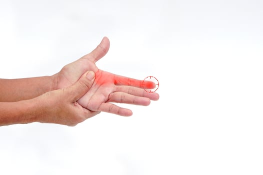 Hand of a woman suffering from palm pain on white background with clipping path. Healthcare and office syndrome concept. photo