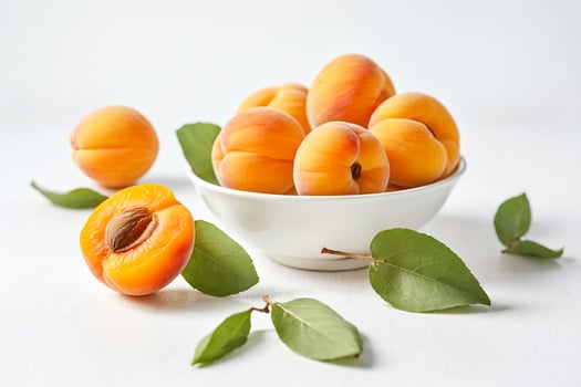 Fresh apricots with green leaves in a white bowl photo