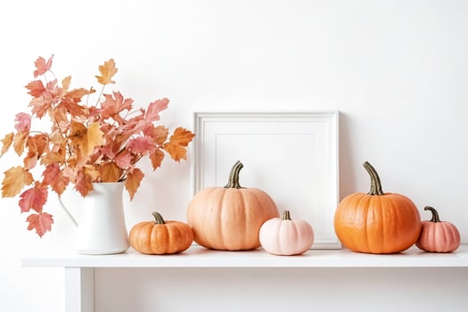 Autumnal Still Life with Pumpkins and Maple Leaves on a White Shelf photo