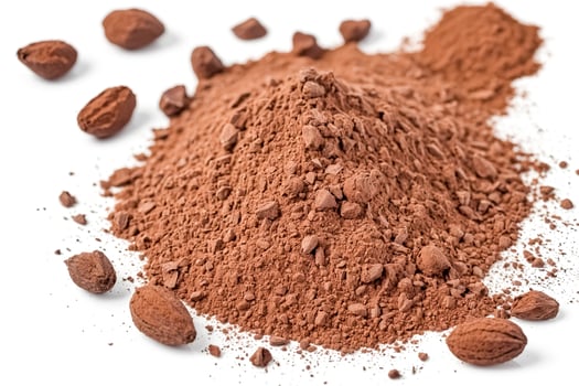 Cocoa powder and cocoa beans isolated on white background photo