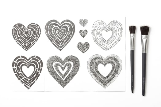 Hand-painted hearts and paintbrushes on a white background photo