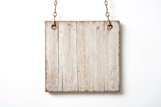 Rustic Wooden Sign Hanging by Chain on White Background photo