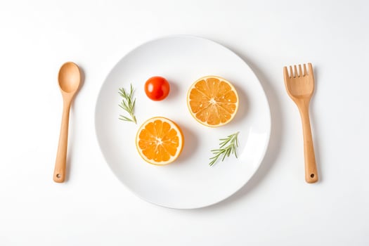 Minimalist Table Setting with Lemon, Tomato, and Wooden Utensils photo