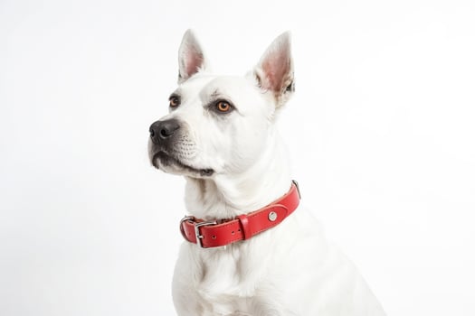 White dog with red collar looking to the side photo