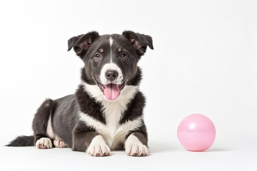Happy Border Collie Puppy with Pink Ball photo