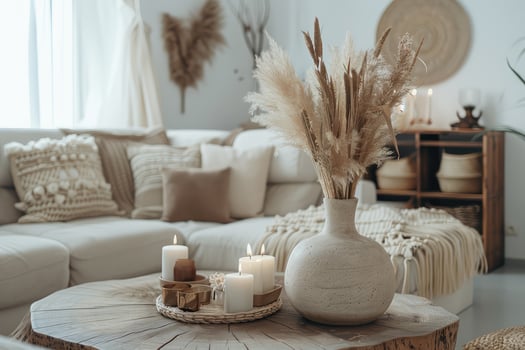 Cozy and stylish living room interior. Couch with decorative cushions in pastel neutral colors and wooden table with candles, vase with dry plants and natural decorations photo