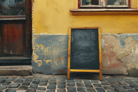 Mockup. Restaurant, cafe, bar sidewalk chalkboard sign board. Old vintage blackboard, A-board on cobblestone street in old town, shopping street photo