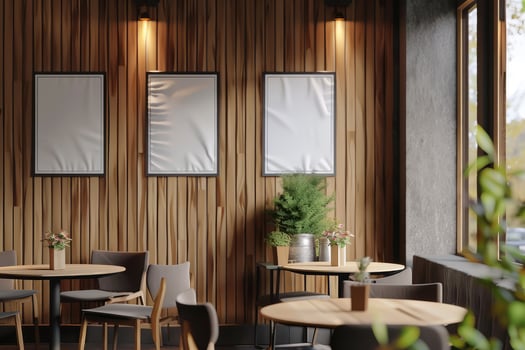 Interior of a modern cafe with blank posters on the wall, wooden design elements, and minimalist furniture, concept of interior design photo