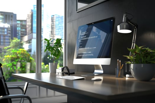 Stylish office interior with workplace, pc computer and window. Mock up wall photo