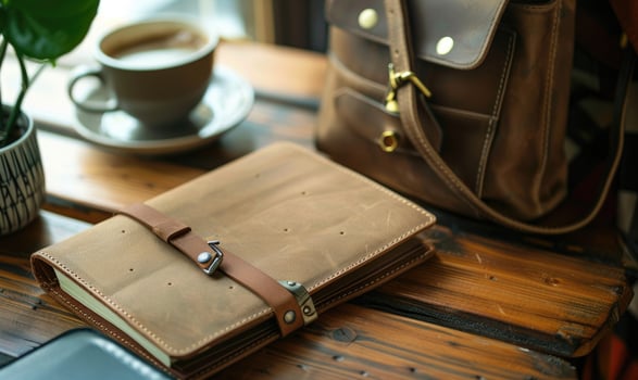 Notebook on a wooden table with a cup of tea and a handbag photo