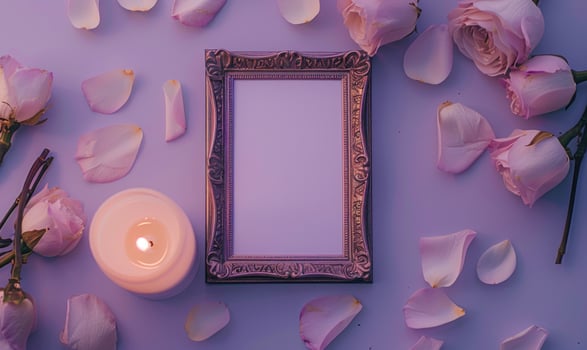 White blank card in a bronze frame on a pastel lavender table, with a scattering of petals and a lit candle photo