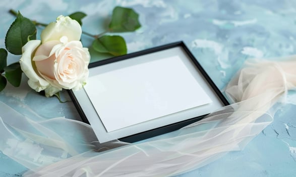 White blank card in a classic black frame on a pastel sky blue table photo