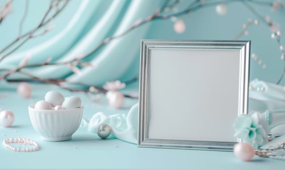 White blank card in a silver frame on a pastel sky blue table, with a white ceramic bowl and pastel colored beads photo