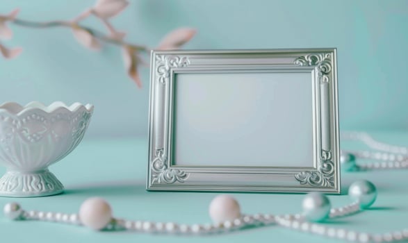 White blank card in a silver frame on a pastel sky blue table, with a white ceramic bowl and pastel colored beads photo