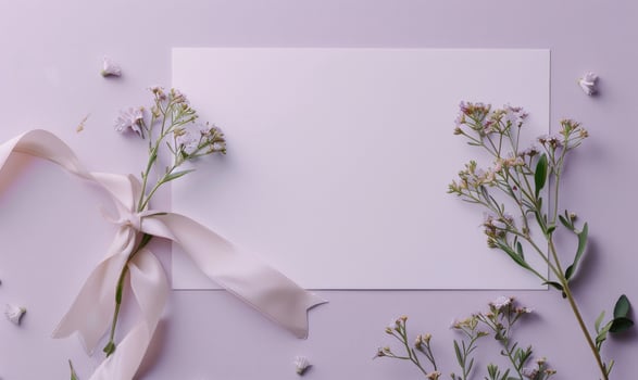 White blank card in a vintage bronze frame on a pastel lilac background, with a small bunch of wildflowers and a ribbon photo