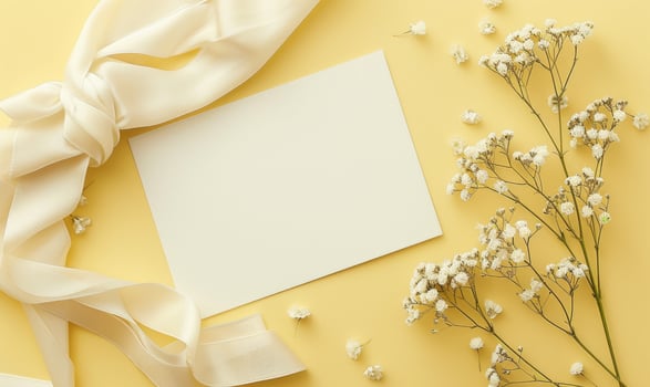 White blank card in an ivory frame on a pastel yellow background photo