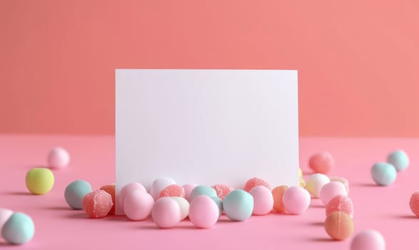 White blank card on a pastel coral background, with a small pile of pastel colored candies photo