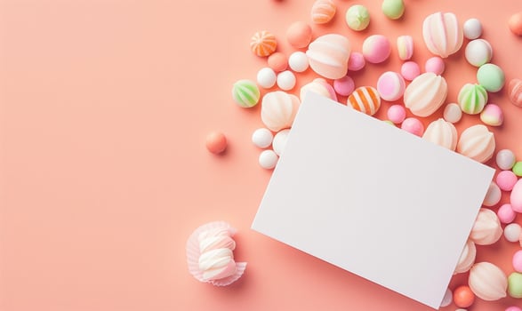White blank card on a pastel coral background, with a small pile of pastel colored candies photo