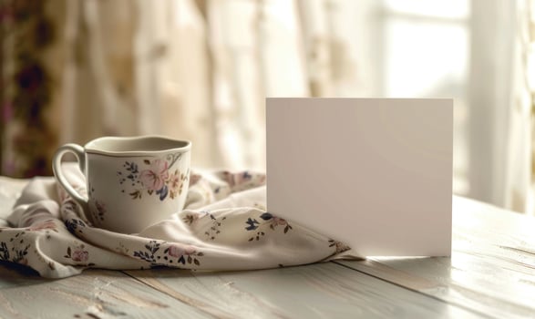 White blank card on a pastel ivory table, with a ceramic mug and a floral print napkin photo