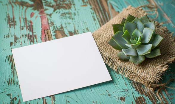 White blank card on a pastel green table, with a piece of burlap and a small succulent plant photo