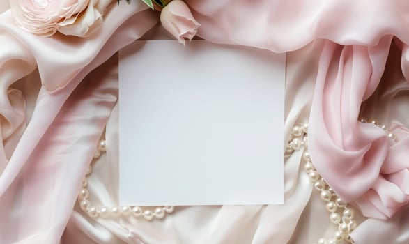 White blank card on a pastel lavender background, with a silk scarf and a pearl necklace photo