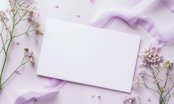 White blank card on a pastel lilac background, with a small bunch of wildflowers and a ribbon photo
