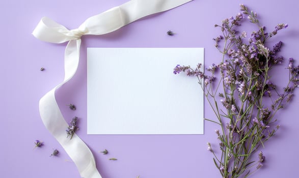 White blank card on a pastel lilac background, with a small bunch of wildflowers and a ribbon photo