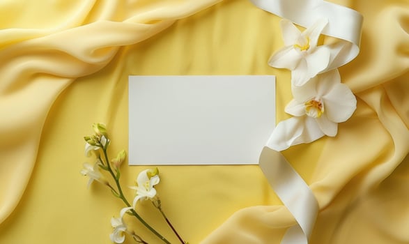 White blank card on a pastel yellow background, with a piece of lace and a small bouquet of wildflowers photo