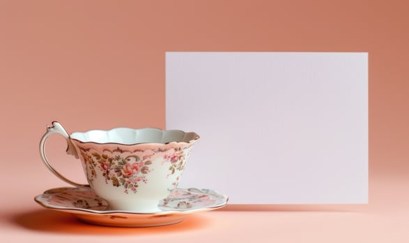 White blank card on a pastel peach background, with a vintage tea cup and saucer photo