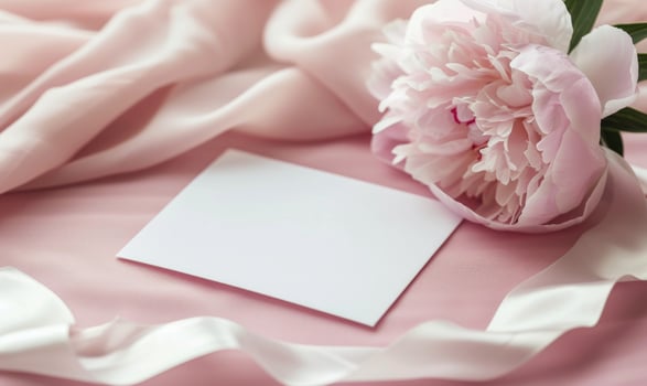 White blank card on a pastel rose pink table, with a piece of satin ribbon and a single peony flower photo