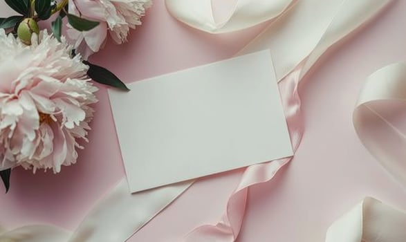 White blank card on a pastel rose pink table, with a piece of satin ribbon and a single peony flower photo
